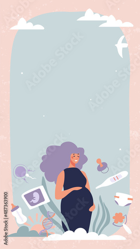 Vertical flyer about pregnancy with place for text, pregnant woman against the sky, test en pregnancy, ultrasound scan. Flat cartoon vector illustration, modern background.