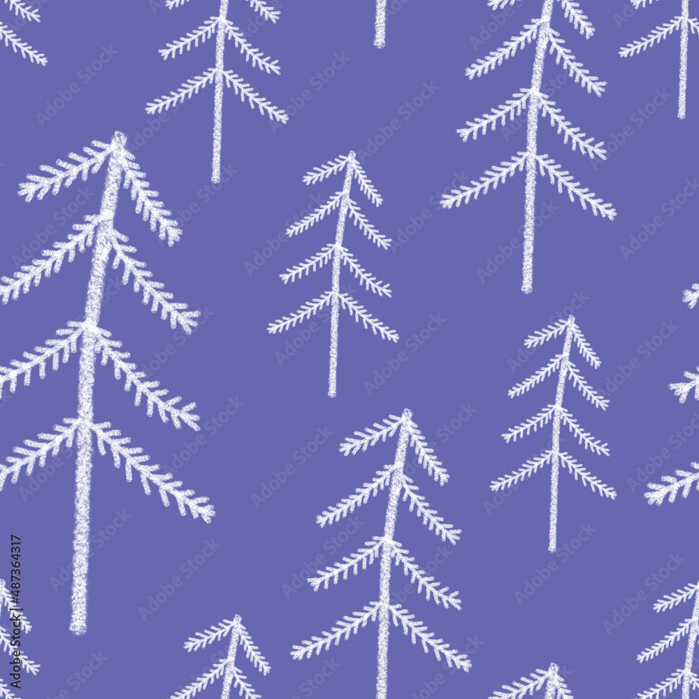 Seamless pattern with simple hand drawn elements. White fir trees in the forest in doodle style on a very peri background. For textile, wallpaper and wrapping paper design.