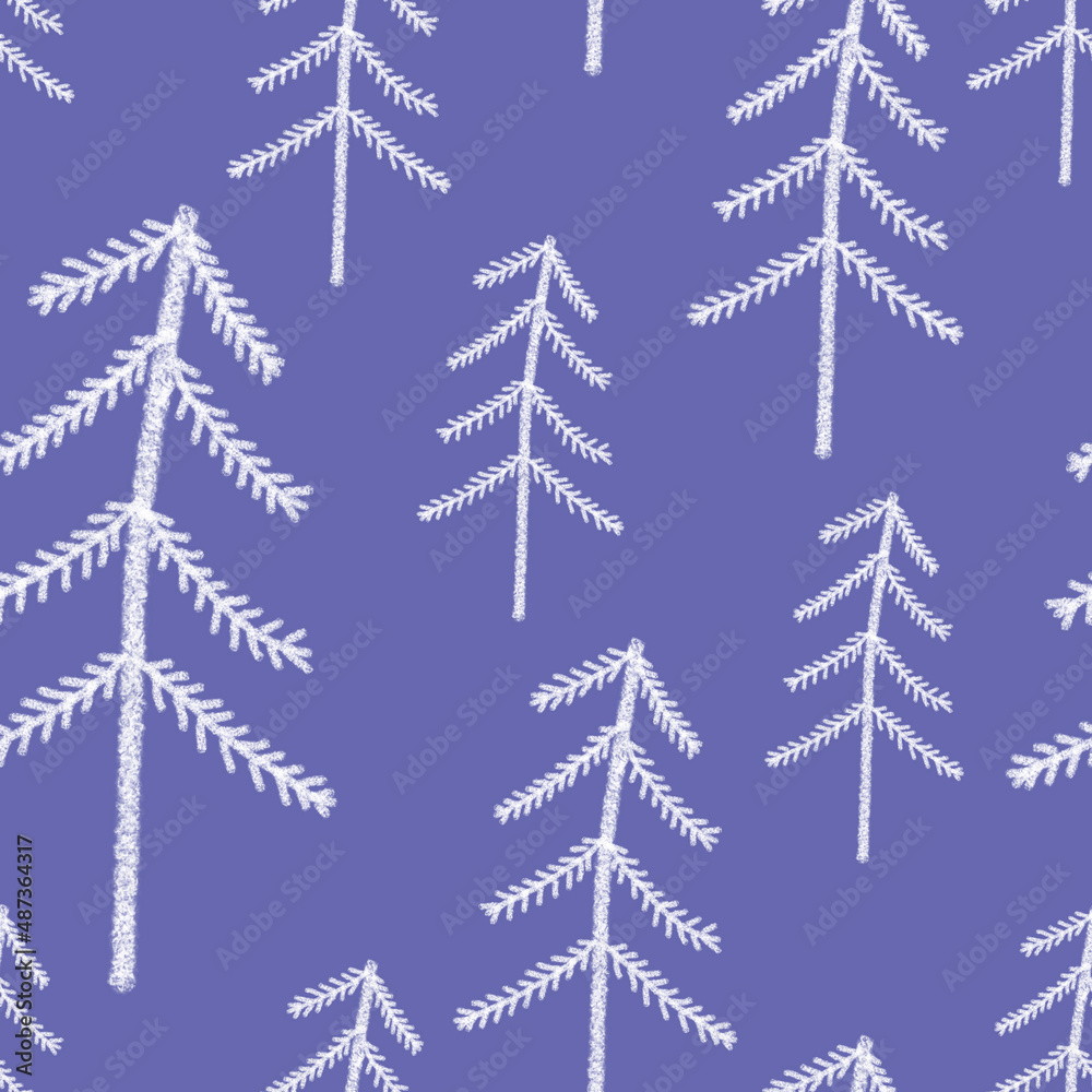 Fototapeta premium Seamless pattern with simple hand drawn elements. White fir trees in the forest in doodle style on a very peri background. For textile, wallpaper and wrapping paper design.