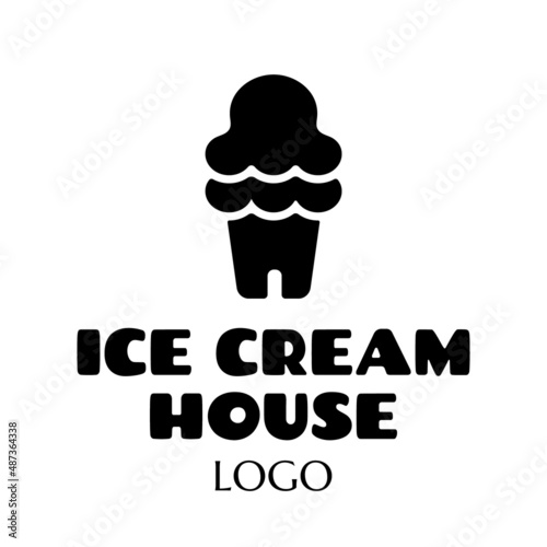 fast food vector logo sticker with text and ice cream. label with lettering for words ICE CREAM HOUSE. badge, emblem, signboard. ice-cream symbol. unique dessert logo design concept idea. daily meals