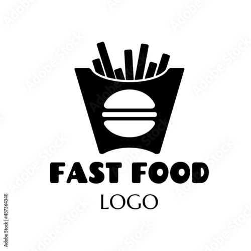 fast food vector logo sticker with text, french fries, burger. label with lettering for words FAST FOOD. badge, emblem, hamburger symbol. unique junk food logo design concept and idea. daily meals
