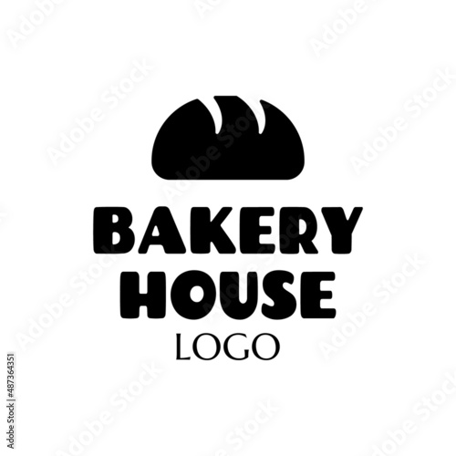 bakery vector text logo sticker with text and bread icon. label with lettering for words BAKERY HOUSE. label, badge, emblem, signboard. pastry silhouette for bakehouse. typographic logo symbol design 