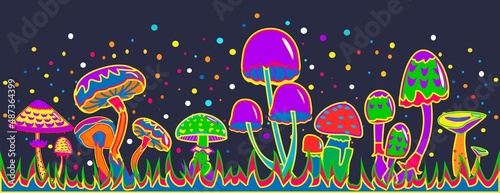 Group of decorative fantasy magic mushrooms on black background Concept vector illustration