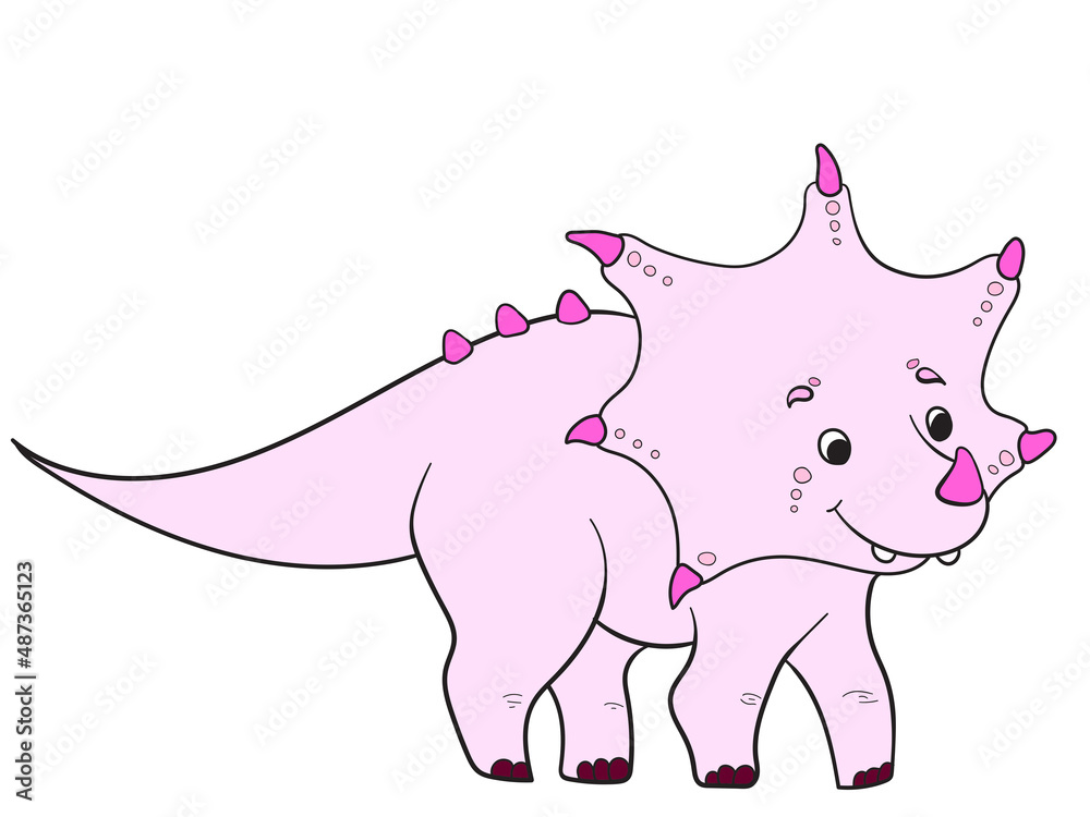 Fototapeta premium Pink dinosaur, hard drawing. Kind Triceratops, ancient animal.