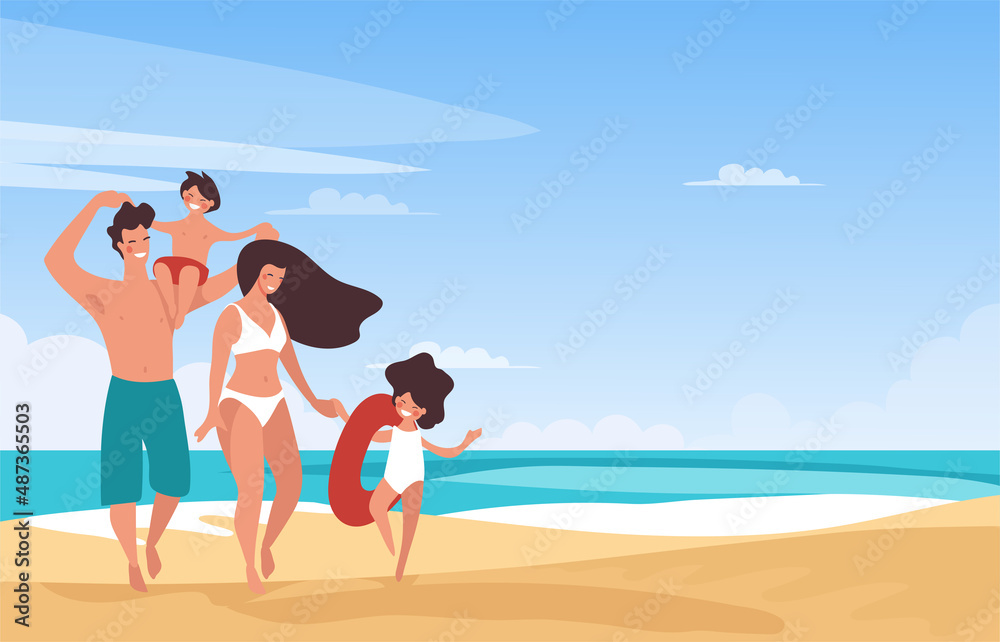 Family vacation on a tropical beach, parents in swimsuits are relaxing and walking with children on the seashore. Mom and dad with a girl and a boy have a rest in the summer. flat cartoon. Flat banner