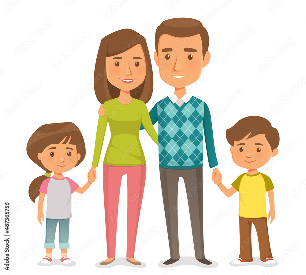 cute cartoon illustration of a happy young family with children