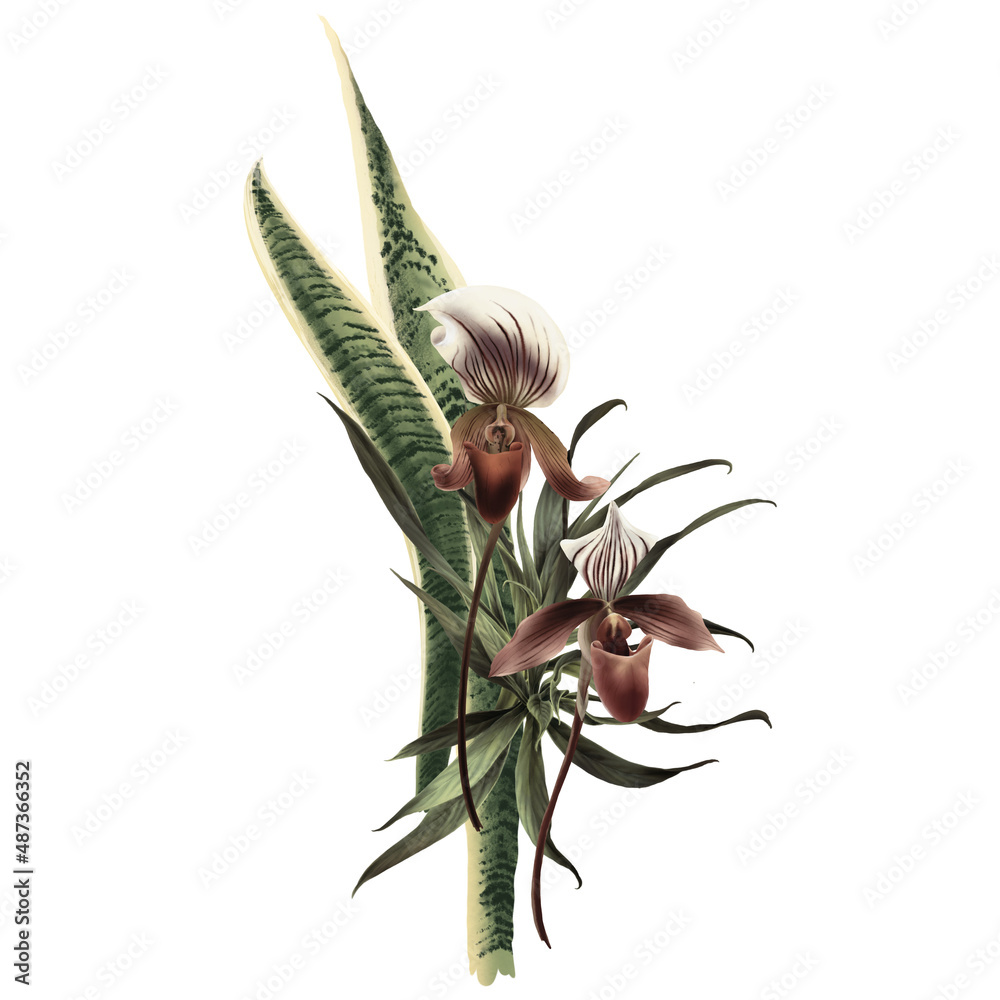 Obraz premium Bouquet with tropical leaves, can be used as greeting card, invitation card for wedding, birthday and other holiday and summer background. Watercolor illustration. Botanical art.