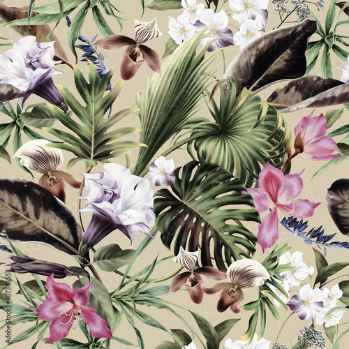 Seamless tropical pattern with flowers and l on summer background, watercolor...