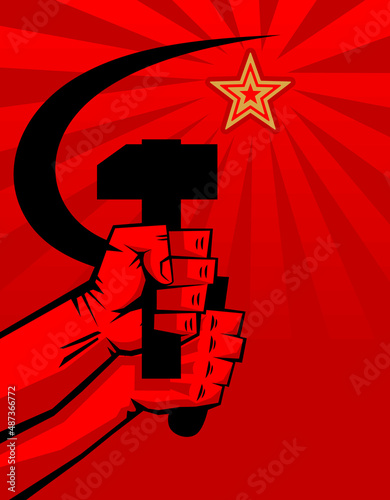 Red propaganda poster retro style. Sickle and hammer in hands, soviet star. Vector