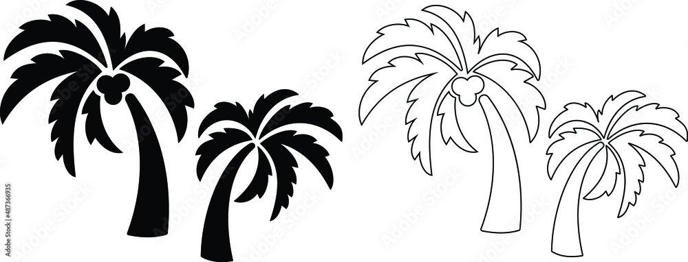 Two palm tree silhouette and outline vector