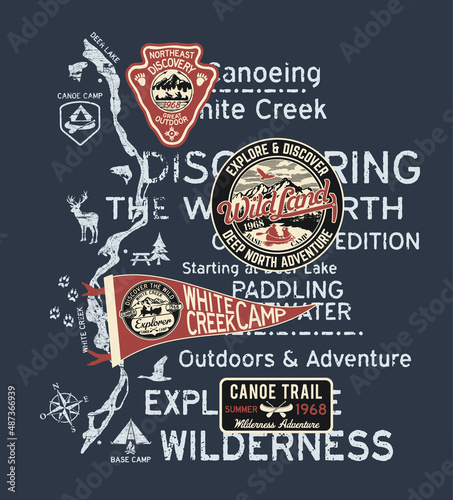 Wilderness outdoor canoeing explore and discover adventure vintage print for boy t shirt with embroidery patches applique