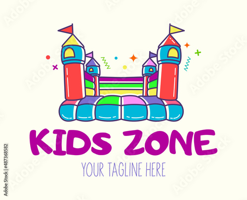 Bouncy castle cartoon logo. Kids zone concept. Children Playground sign.