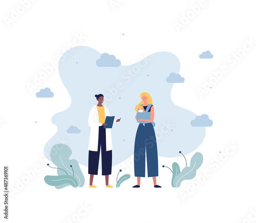 Healthcare and pediatrician concept. Vector flat people illustration. African female family doctor and mother with baby patient in carrier standing on visit. Design for health care.