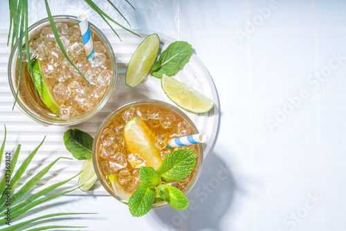 Photography Cuba Libre, long island iced tea cocktail with strong alcohol drink, cola, lime