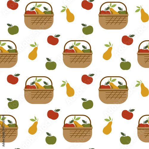 Vector seamless pattern with basket of fruits and apples with pears.