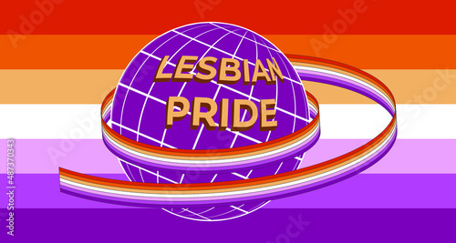 Lesbian Pride subculture symbol. Vector illustration. The ground, painted in the colors of the flag, is wrapped in a ribbon with the official flag of the LGBT community.