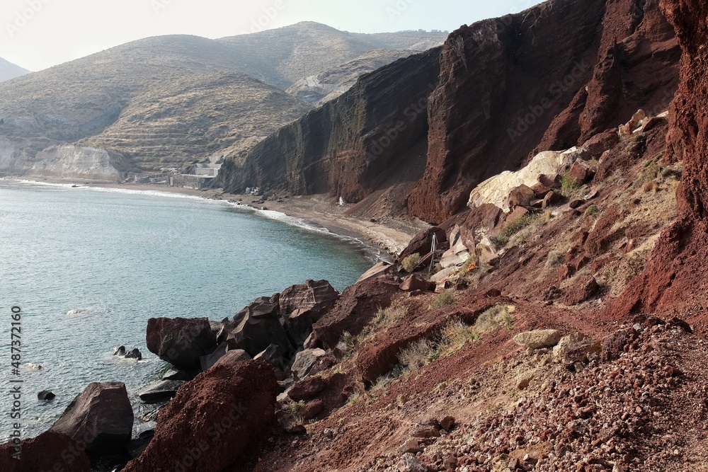 Panoramic view of the famous red beach on a windy day in Santorini