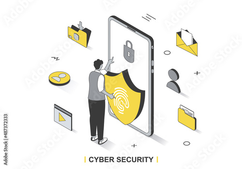 Cyber security concept in 3d isometric outline design. User uses secure login access and fingerprint authentication, internet data protection, line web template. Vector illustration with people scene