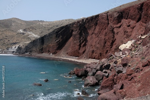 Panoramic view of the famous red beach on a windy day in Santorini