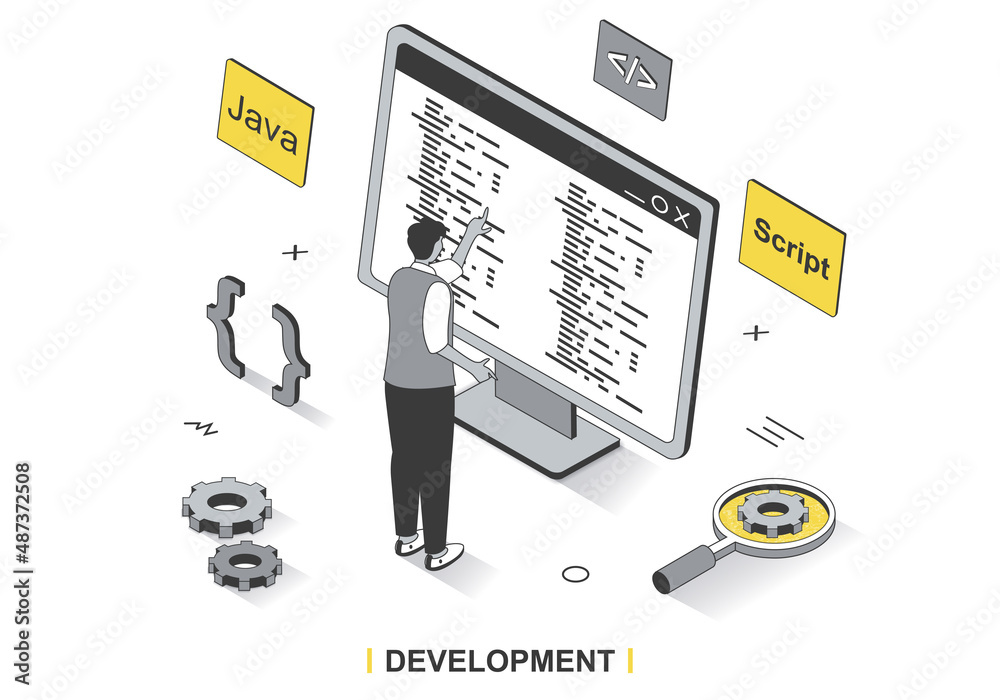 Development concept in 3d isometric outline design. Developer programs and writes code in Java, creates spripts, engineering and optimizes, line web template. Vector illustration with people scene