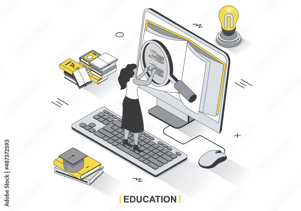 Education concept in 3d isometric outline design. Student learning online, studying textbook on computer, reading book and preparing for exams, line web template. Vector illustration with people scene