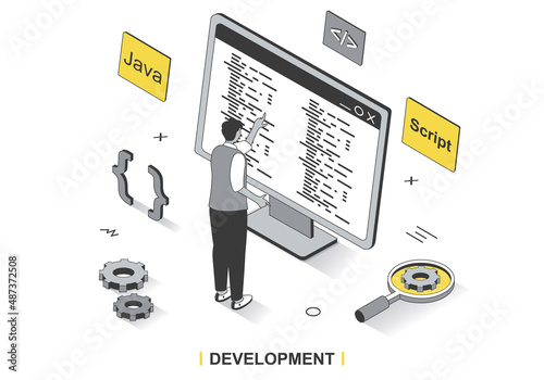 Development concept in 3d isometric outline design. Developer programs and writes code in Java, creates spripts, engineering and optimizes, line web template. Vector illustration with people scene photo