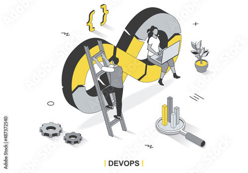 DevOps concept in 3d isometric outline design. Programmers and engineers working together at office, administration of development operations, line web template. Vector illustration with people scene