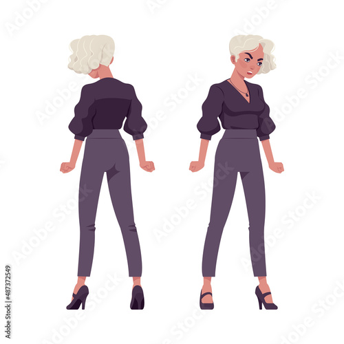 Beautiful angry blonde woman with white dyed hair, business outfit. Office attire lady, professional chic work outfits. Vector flat style cartoon illustration isolated on background, front, rear