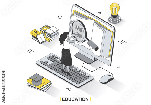 Education concept in 3d isometric outline design. Student learning online, studying textbook on computer, reading book and preparing for exams, line web template. Vector illustration with people scene