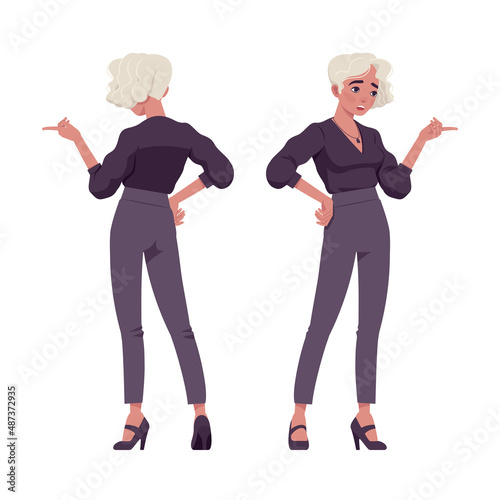 Beautiful talking pose blonde woman, white dyed hair, business outfit. Office attire lady, professional chic work outfits. Vector flat style cartoon illustration isolated on background, front, rear
