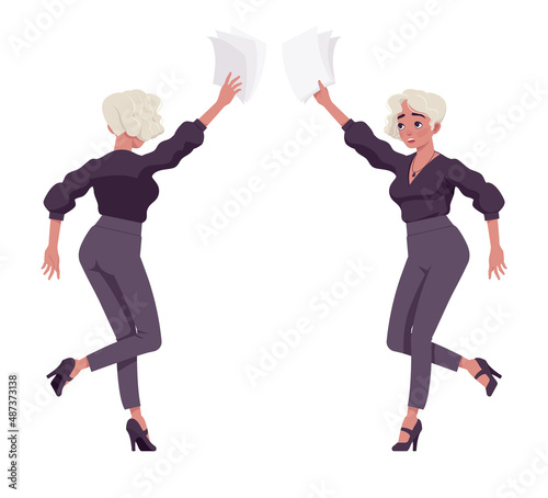 Beautiful running pose blonde woman, white dyed hair, business outfit. Office attire lady, professional chic work outfits. Vector flat style cartoon illustration isolated on background, front, rear