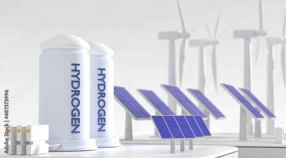 Hydrogen gas turbine power plant with renewable energy sources. Production green hydrogen of windmill turbines and solar panels. Tank containers for storage, 3d render illustration, clean electricity Hydrogen gas turbine power plant with renewable energy sources. Production green hydrogen of windmill turbines and solar panels. Tank containers for storage, 3d render illustration, clean electricity