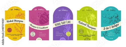 Child shampoo label, baby care cosmetic package set