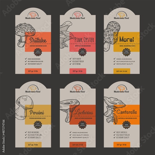 Mushroom label design set, dried product sticker