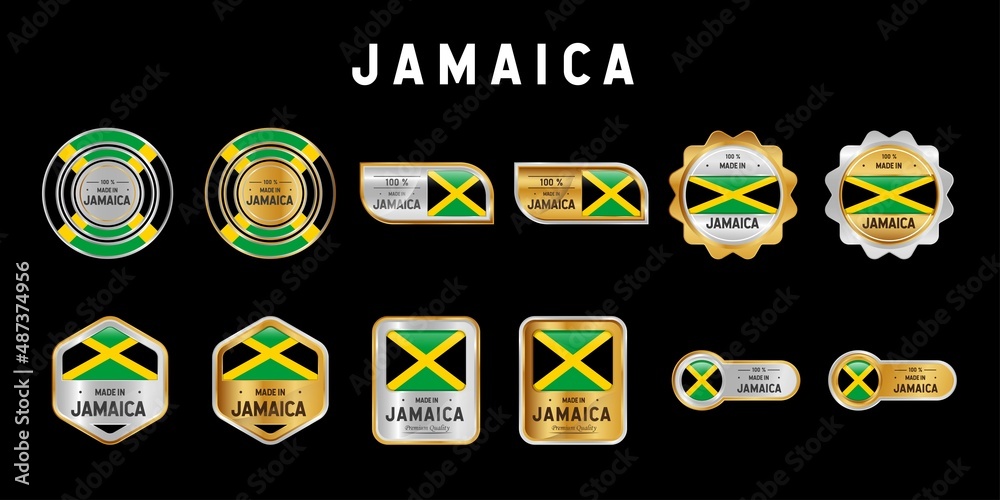 Made in Jamaica Label, Stamp, Badge, or Logo. With The National Flag of