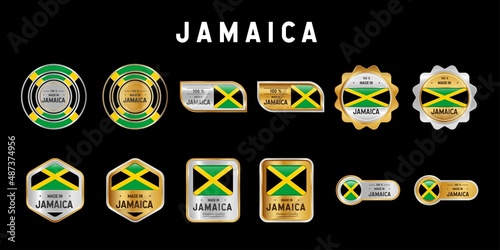 Made in Jamaica Label, Stamp, Badge, or Logo. With The National Flag of Jamaica. On platinum, gold, and silver colors. Premium and Luxury Emblem