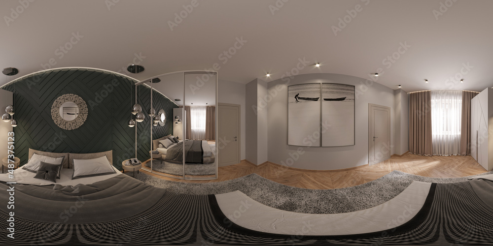 3d render of modern bedroom interior with dark green walls, wooden ...