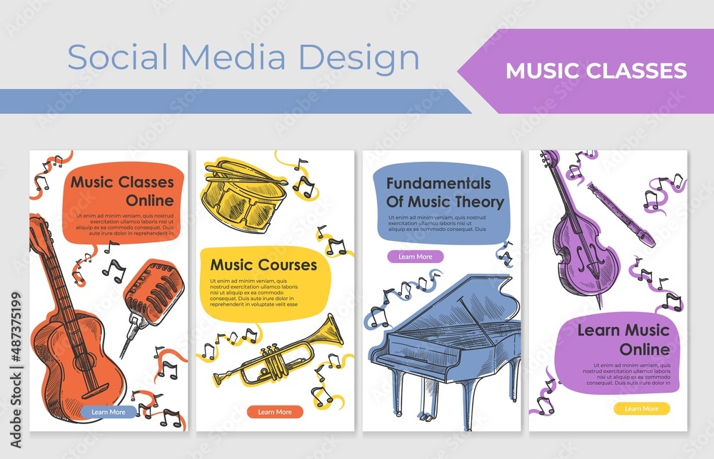 Obraz premium Music course online at social media banner set