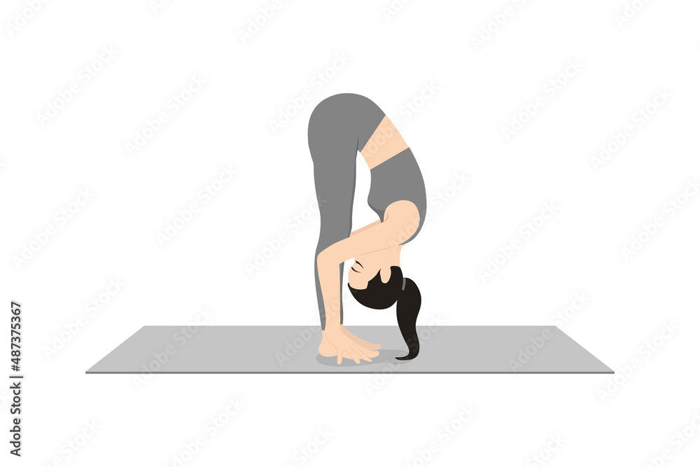 Standing Forward Fold Pose, Intense Stretch Pose, Intense Forward Stretch,  Standing Forward Bend Pose, Hand to Leg Pose. Beautiful girl practice  Uttanasana. Young attractive woman practicing yoga Stock Vector