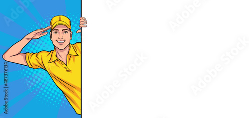 delivery employee man present shopping with white space banner