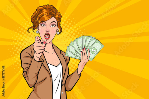 gesture business woman hold money and pointing finger