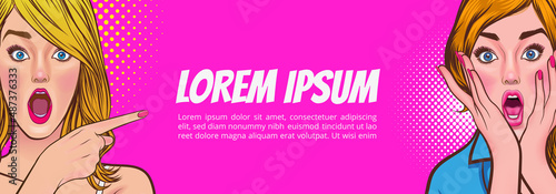 shocked woman covering mouth and surprised woman pointing in banner