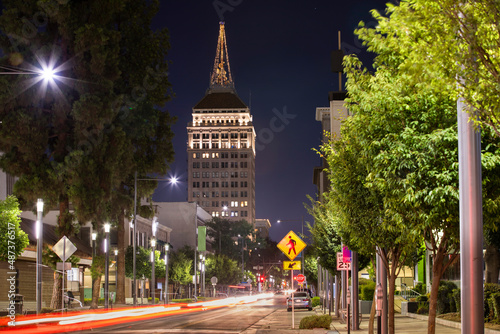 Twilight view of the historic downtown district of Fresno, California, USA. photo