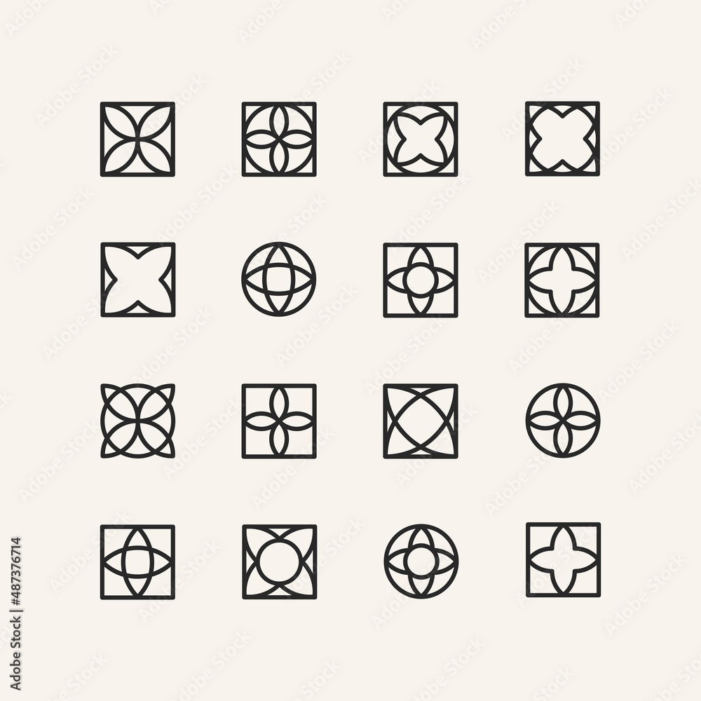 Set of 16 geometric elements. Modern linear design elements. Geometric icon for your project. Collection trendy vector geometric emblem. Set of 16 geometric elements. Modern linear design elements. Geometric icon for your project. Collection trendy vector geometric emblem.