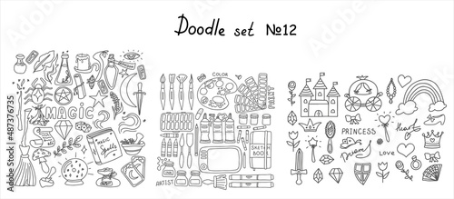 Art tools, Fairy Tale Princess doodles collections. Magic items. Collection halloween elements Vector hand drawings ilustration isolated Background. Big set of sketches