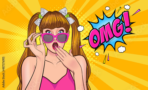 surprised young woman hand touch glasses looking something