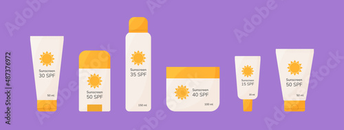 Different sunscreen cosmetic set. SPF sunblock cream, lotion, spray, stick isolated on violet background. Flat style summer skincare products vector illustration. Healthy sunbathing sunscreens. photo