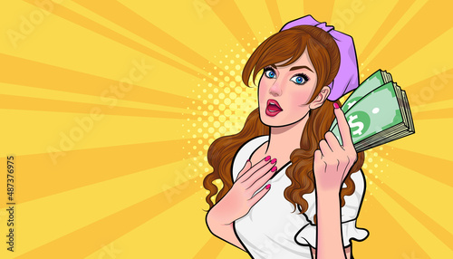 woman holding money looking and wondering