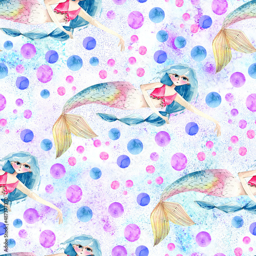 watercolor seamless pattern with mermaids and bubbles for packaging, cards and textures, children's parties