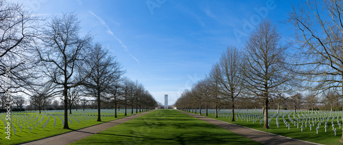 Netherlands,Limburg,Margraten, february 12 2022: Overview of the Memorial crosses and David stars tombstones at the American Cemetery and Memorial